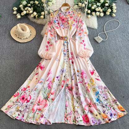 Women's Lantern Long Sleeve Single-breasted Printed Dress Dresses