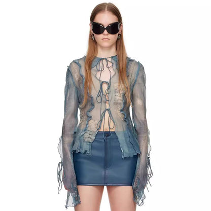 Ripped Denim Printing Shirt Female Hot Blouses