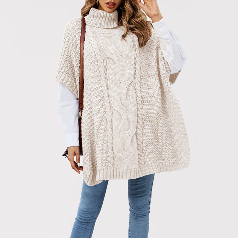 Women's Turtleneck Twist Shawl Loose Half Sleeve Knitwear