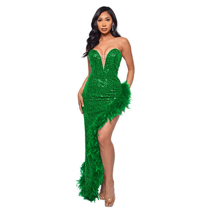 Women's Tube Sequined Feather Dress French Dresses