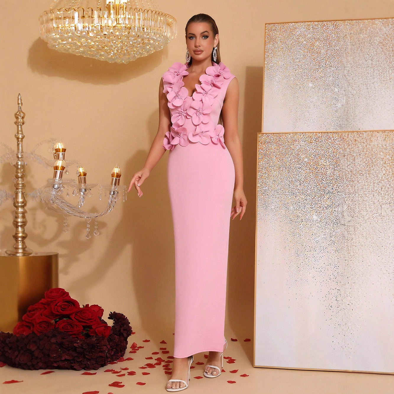 Women's Temperament Slim Fit Long Dress Stitching Three-dimensional Flower Dresses