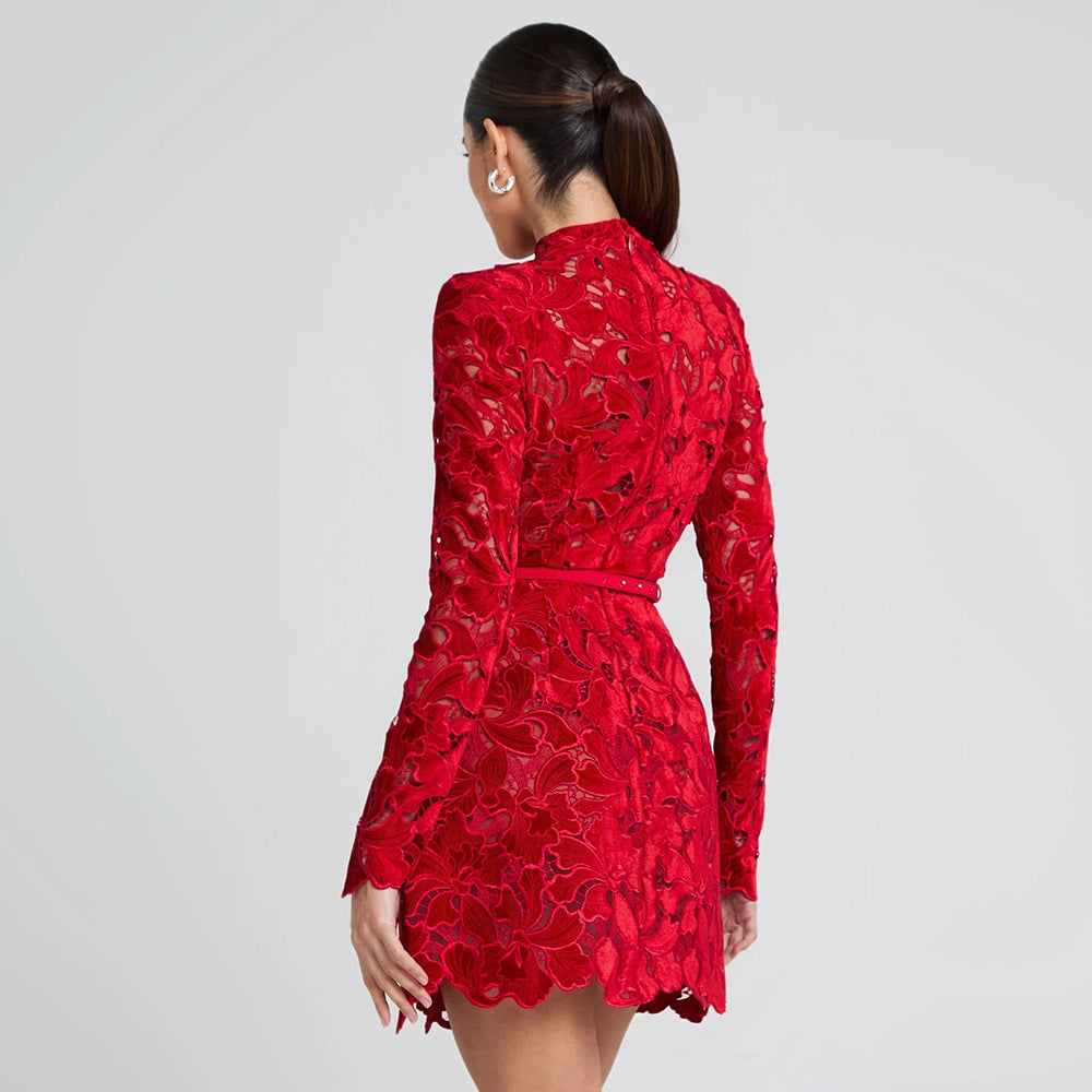 Women's Sleeve Zipper Lace Dress Red Christmas Dresses