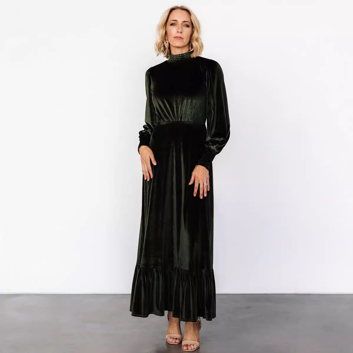 Women's Drawstring Sleeve Dress Half Turtleneck High Waist Dresses