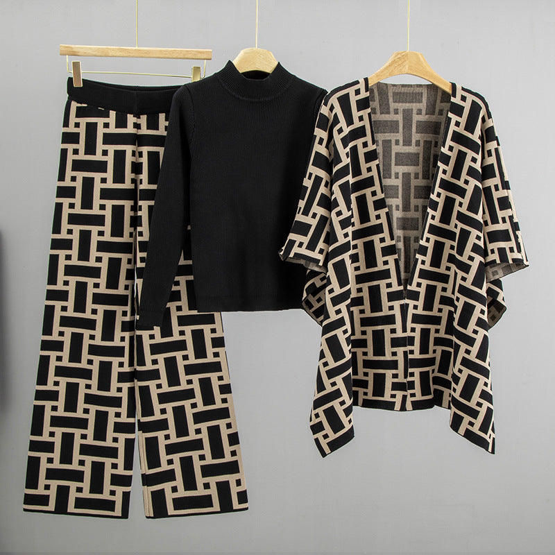 Women's High-grade Elegant Shawl Fashionable Jacquard Three-piece Sweaters