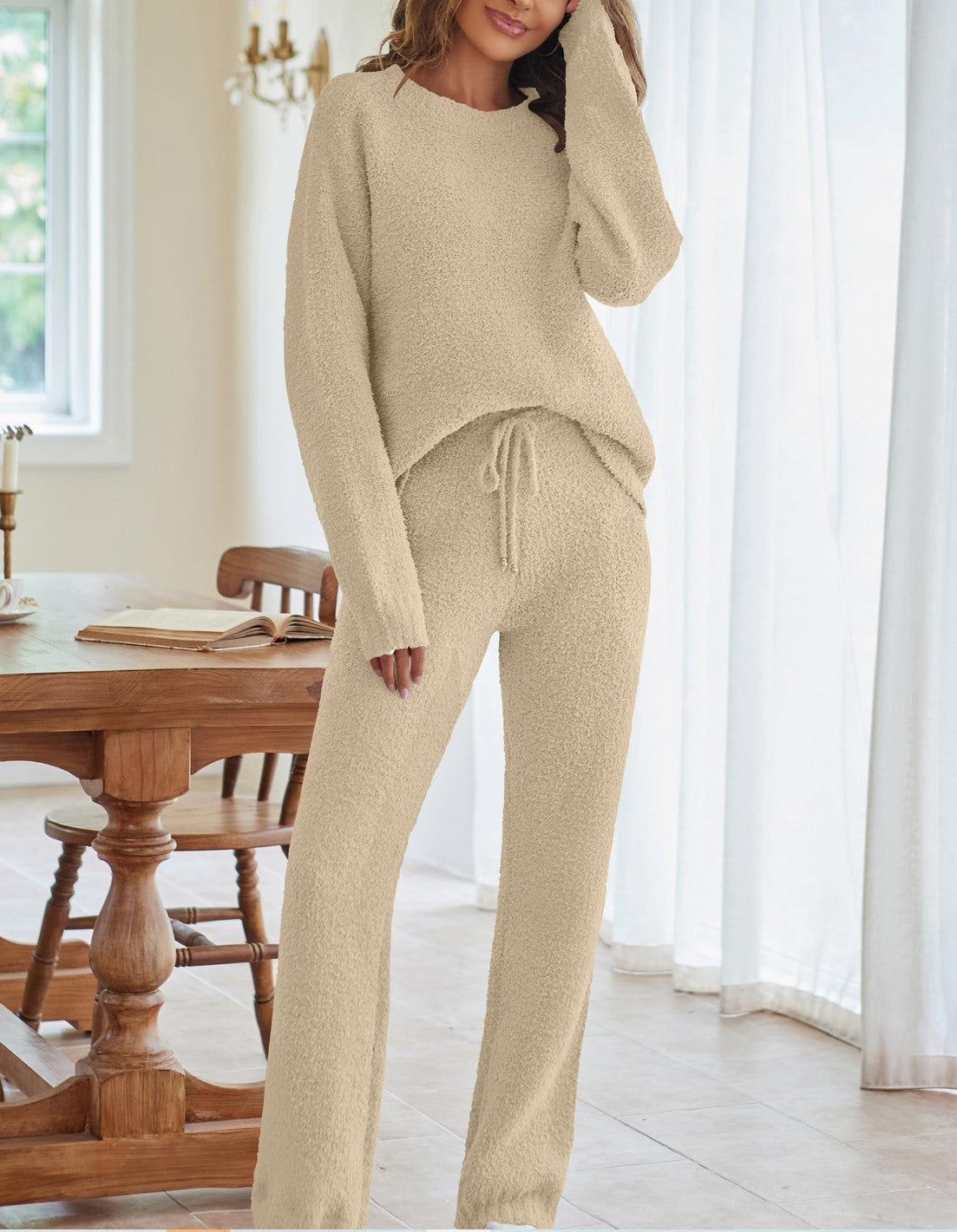 Women's Color Round Neck Long Sleeve Trousers Suits