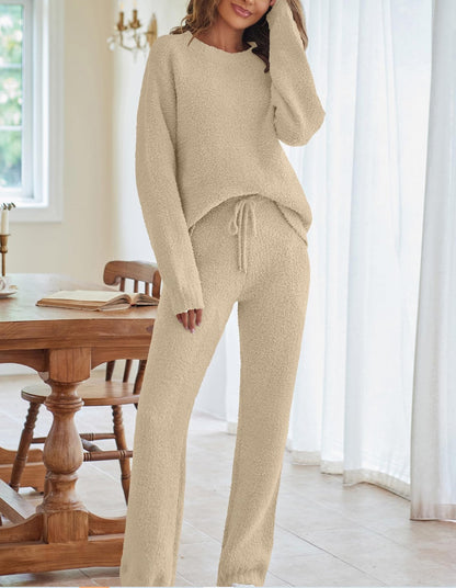 Women's Color Round Neck Long Sleeve Trousers Suits