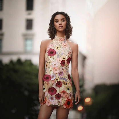 Women's Three-dimensional Flower Halter Slim Fit Dress Dresses