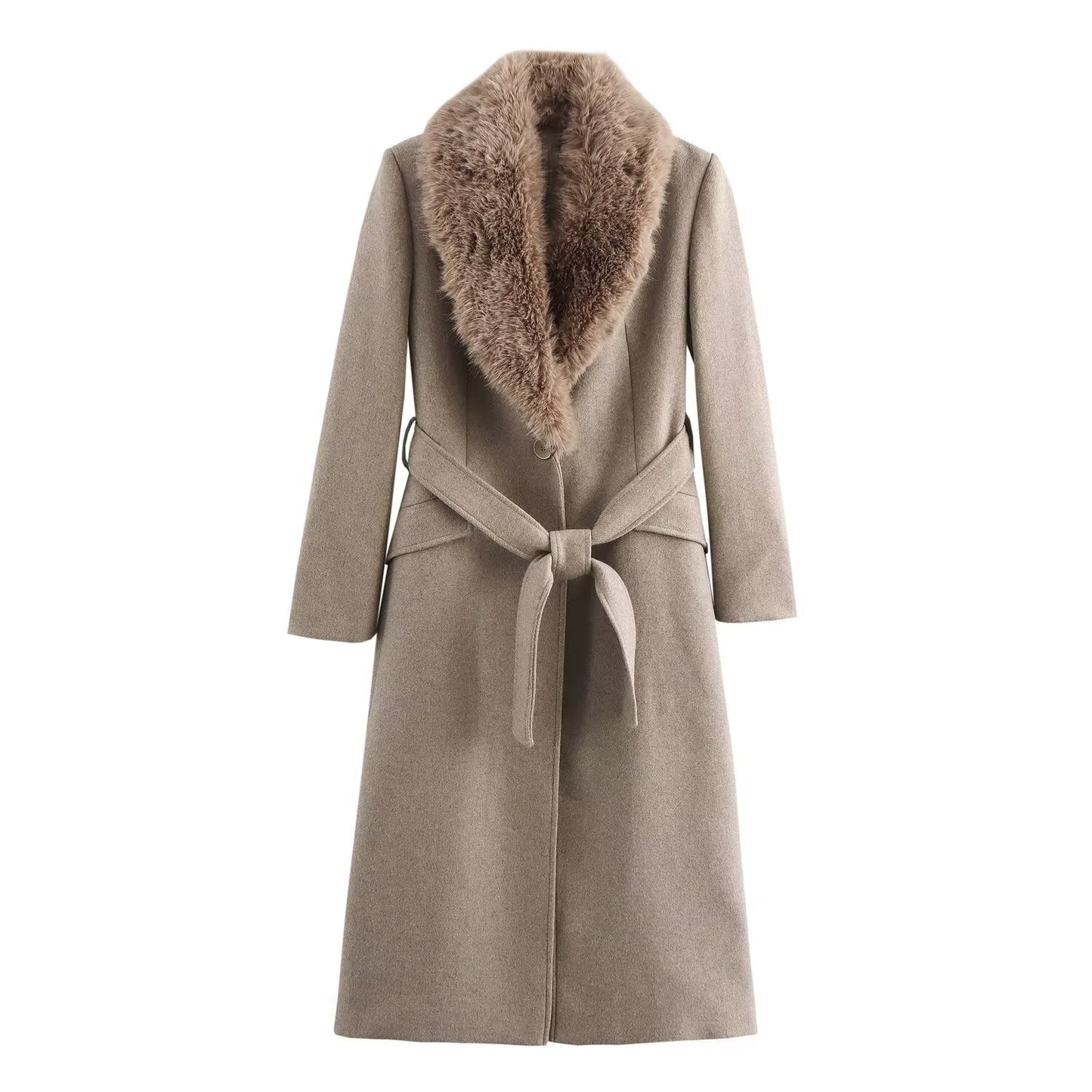 Women's Temperament With Belt Warm Fur Collar Coats