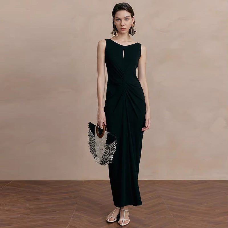 Color Round Neck Sleeveless Dress Pleated Dresses