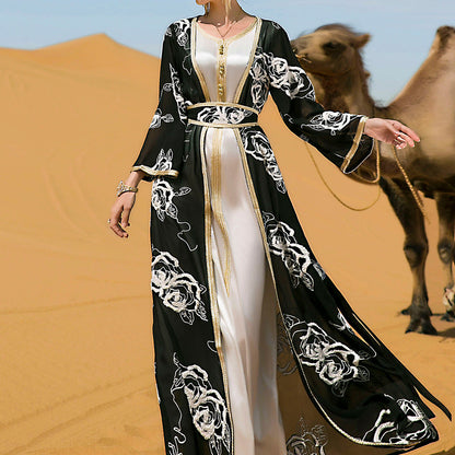 Women's Arabic Black White Flowers Two-piece Embroidery Dress Dresses