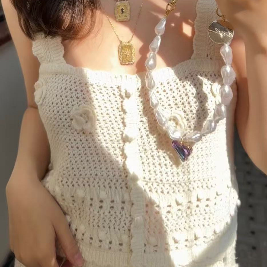 French Minority Handmade Crochet Hollow Camisole Suits