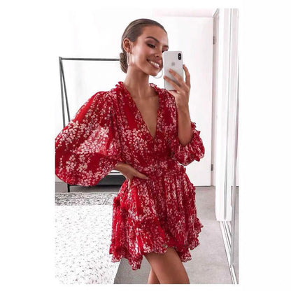 Printed Backless Long Sleeves Wooden Ear Dresses