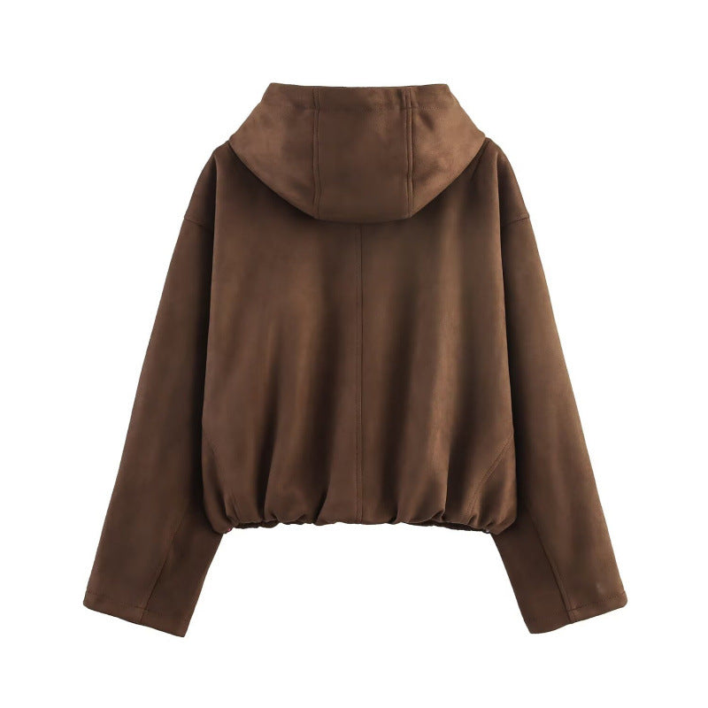 Women's Loose Hooded Suede Texture Effect Jackets