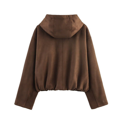 Women's Loose Hooded Suede Texture Effect Jackets