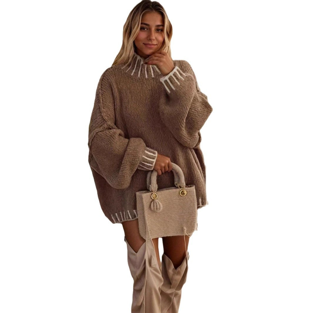 Women's Turtleneck Design Contrast Color Loose Pullover Sweaters