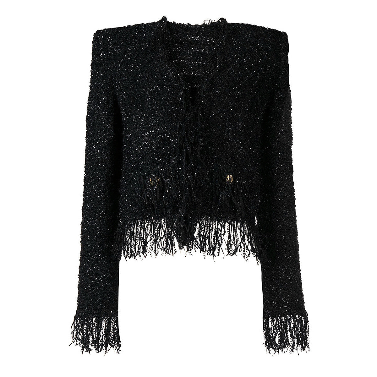 Women's Bright Silk Tweed Fringe Pocket Fastener Coats
