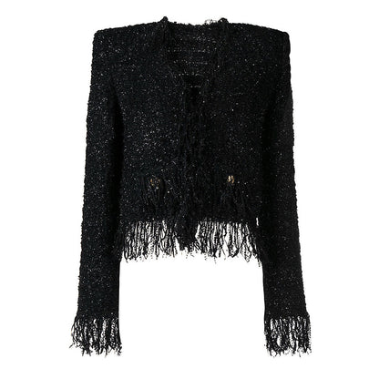 Women's Bright Silk Tweed Fringe Pocket Fastener Coats