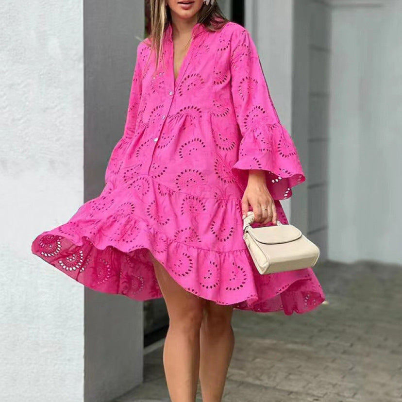 Solid Color Loose Embroidered Cutout Lace Dresses