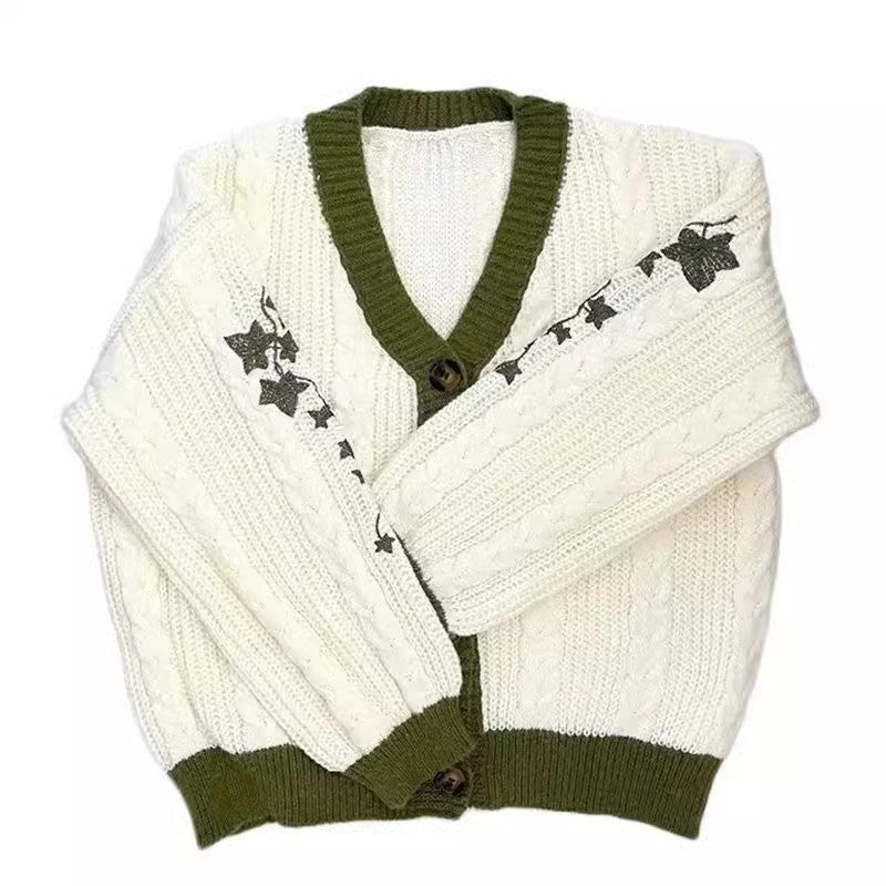 Women's Leaf Embroidery Lantern Sleeve Loose Casual Sweaters