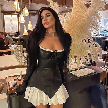 Women's Black White Ruffled Irregular Stitching Puff Dresses