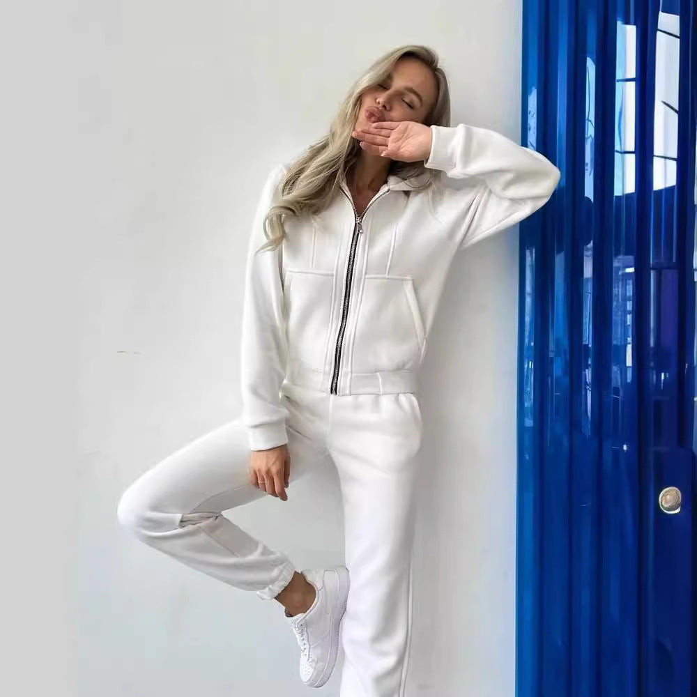 Women's Fleece-lined Long-sleeved Hooded Zipper Trousers Suits