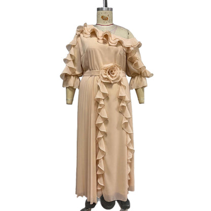 Women's Large Elegant Champagne Chiffon Dress Ruffle Dresses