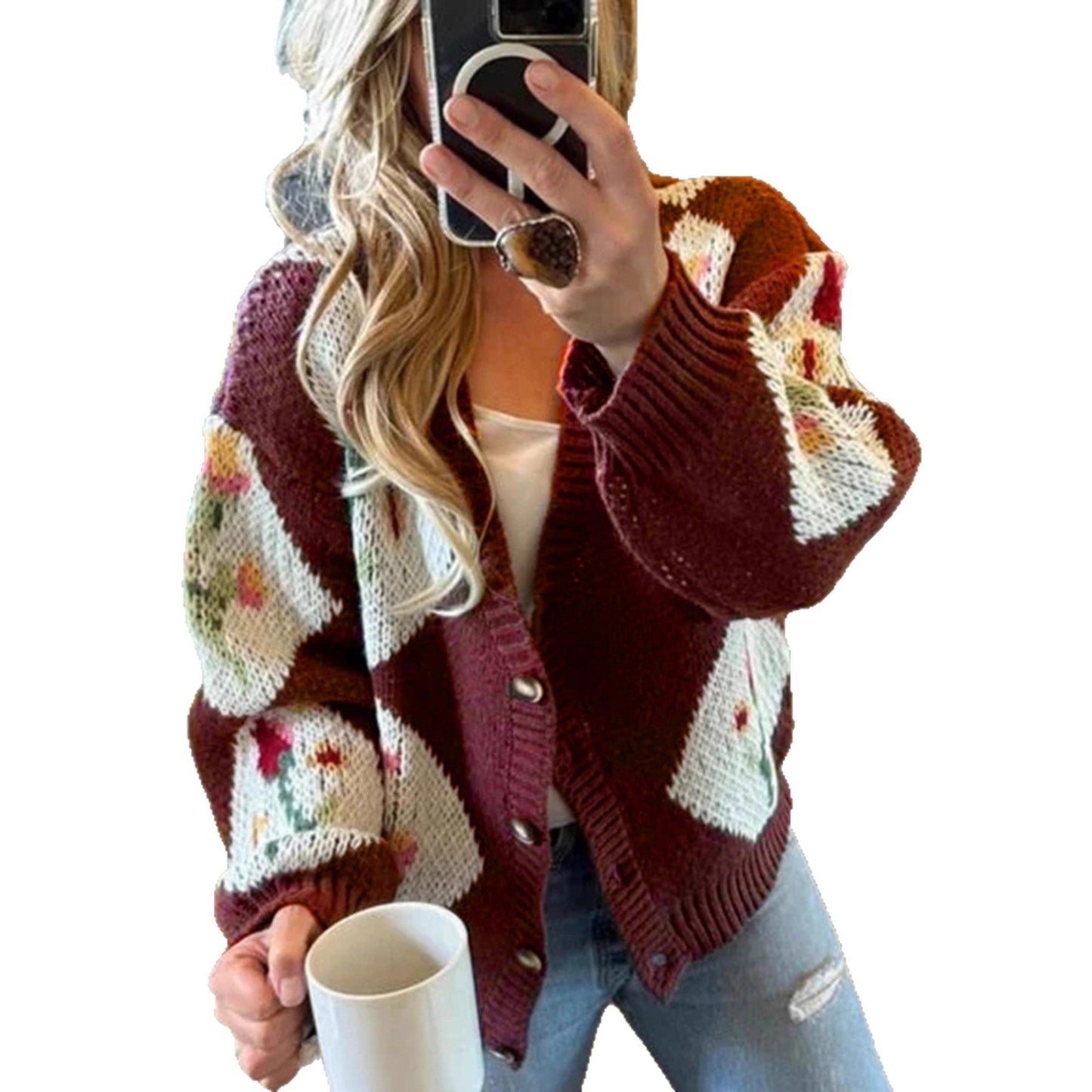 Women's Contrast Color Flower Jacquard Single-breasted Casual Sweaters