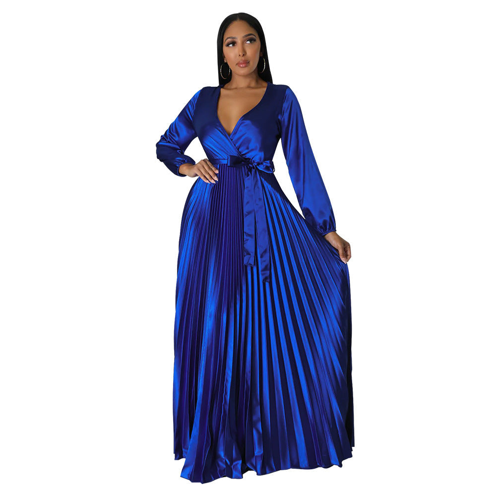 Women's Autumn Lantern Sleeve Pleated Dress Long Dresses