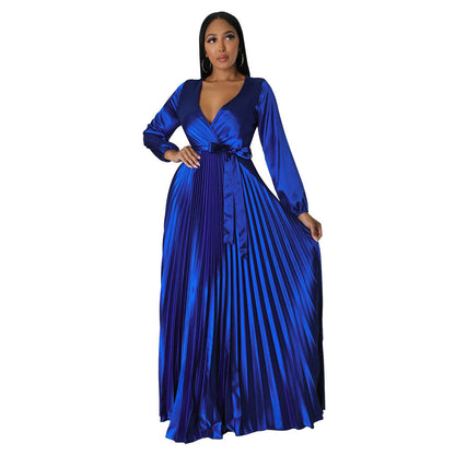 Women's Autumn Lantern Sleeve Pleated Dress Long Dresses