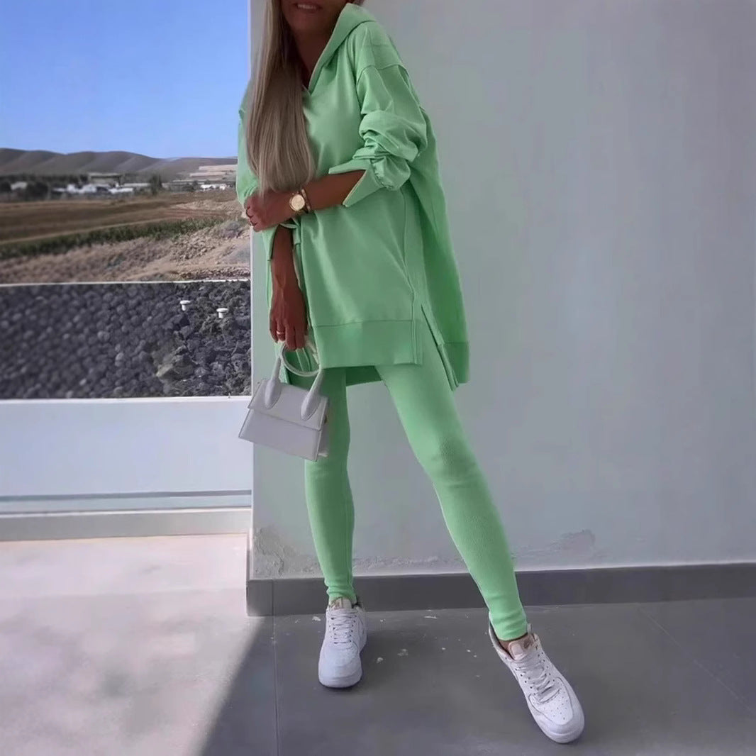 Women's Sports Casual Slit Hooded Tights Two-piece Suits