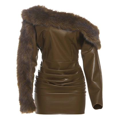 Women's Personalized Shoulder Fur Slim Fit Patchwork Dresses