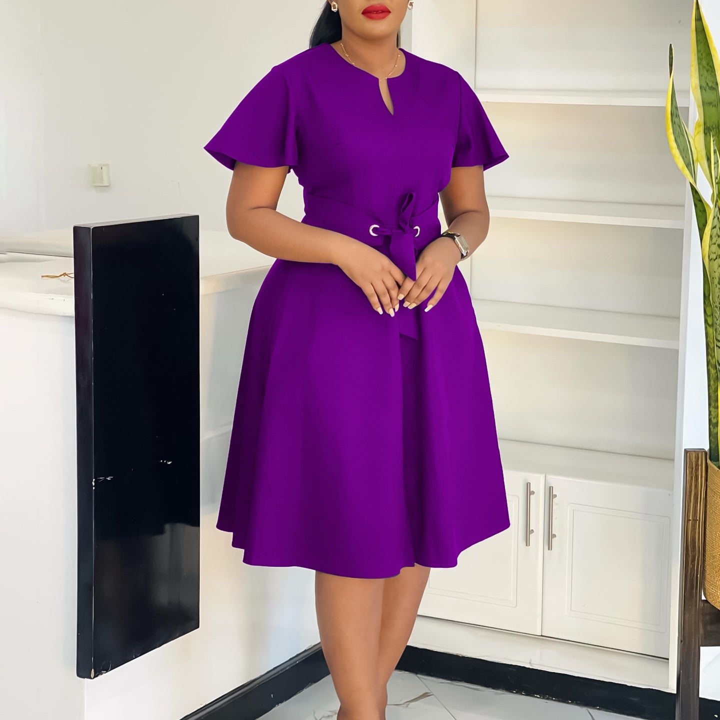 Women's Summer Fashion Temperament Pure Color Sleeve Dresses