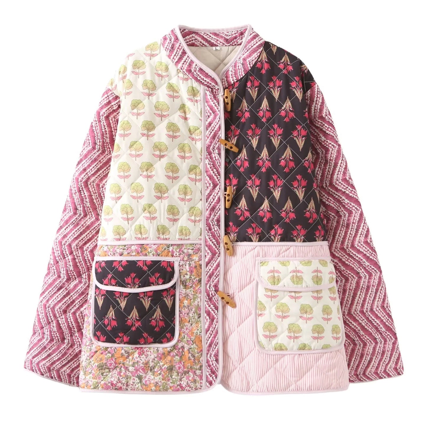 Style Vintage Floral Patchwork Long Sleeve Coats