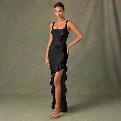 Women's Summer Sequined Knitted Patchwork Ruffled Casual Dresses
