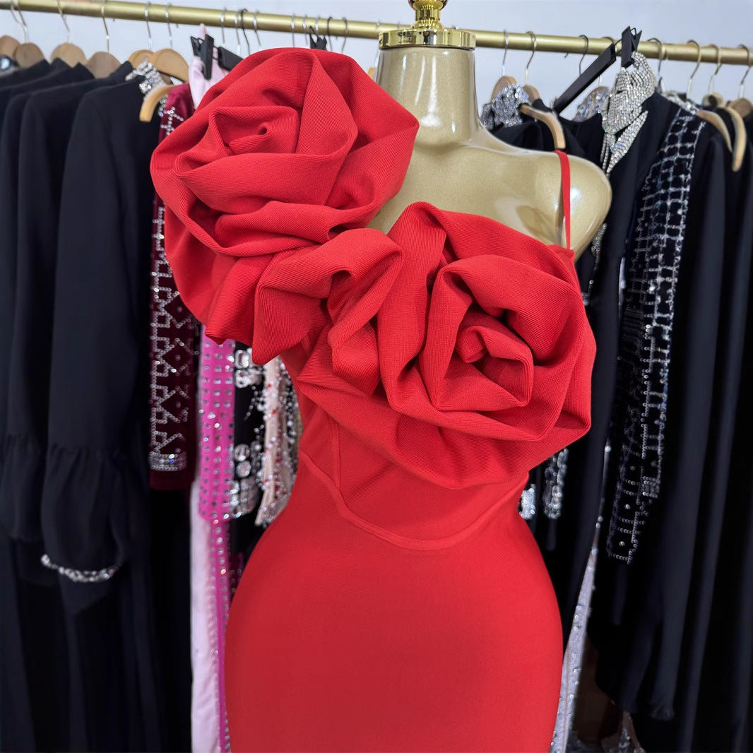Red Flower Backless Slim Mid-length Bandage Dresses