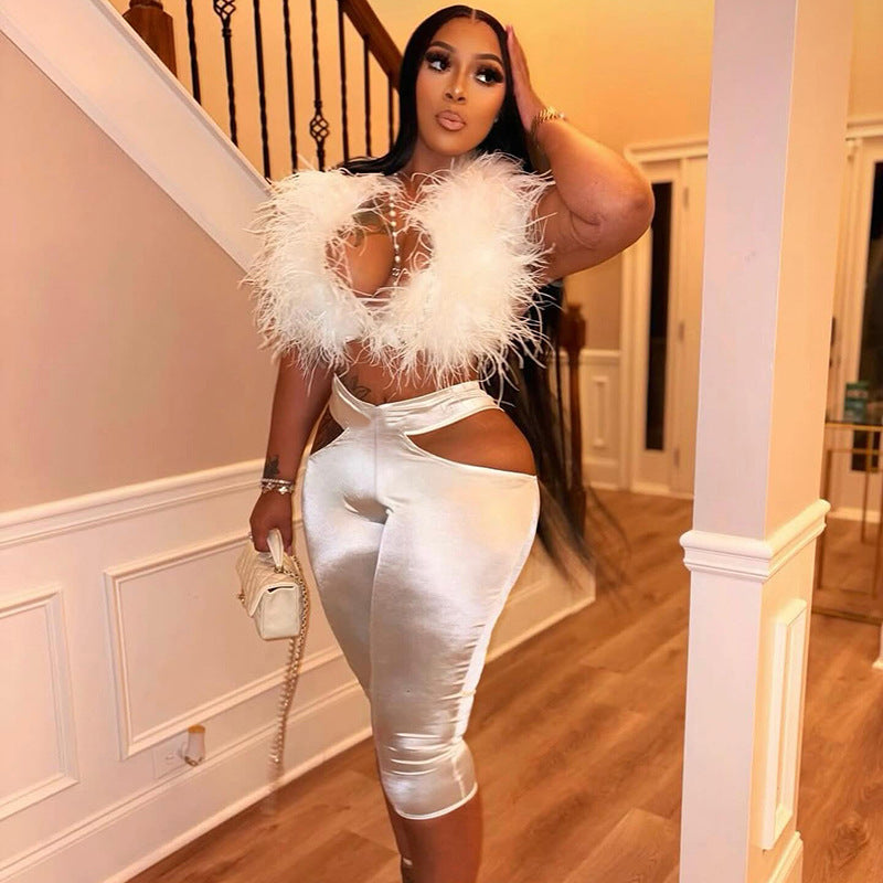 Women's Fur Collar Backless Cutout Midriff Outfit Suits