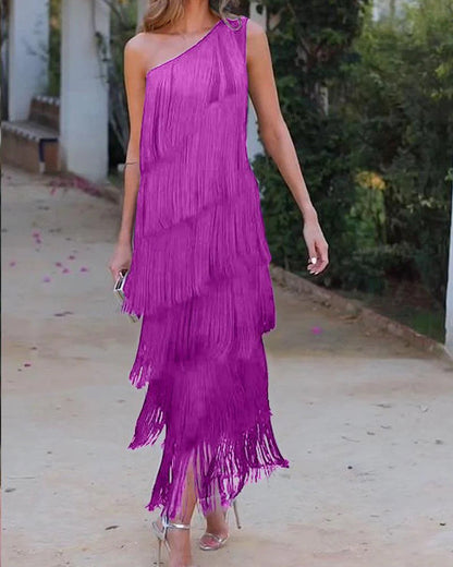 Classy Fashion Tassel Shoulder Asymmetric Dress Dresses