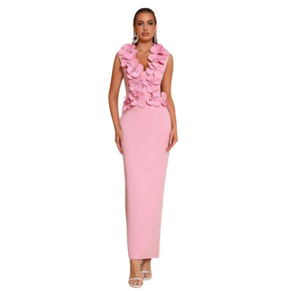 Women's Temperament Slim Fit Long Dress Stitching Three-dimensional Flower Dresses