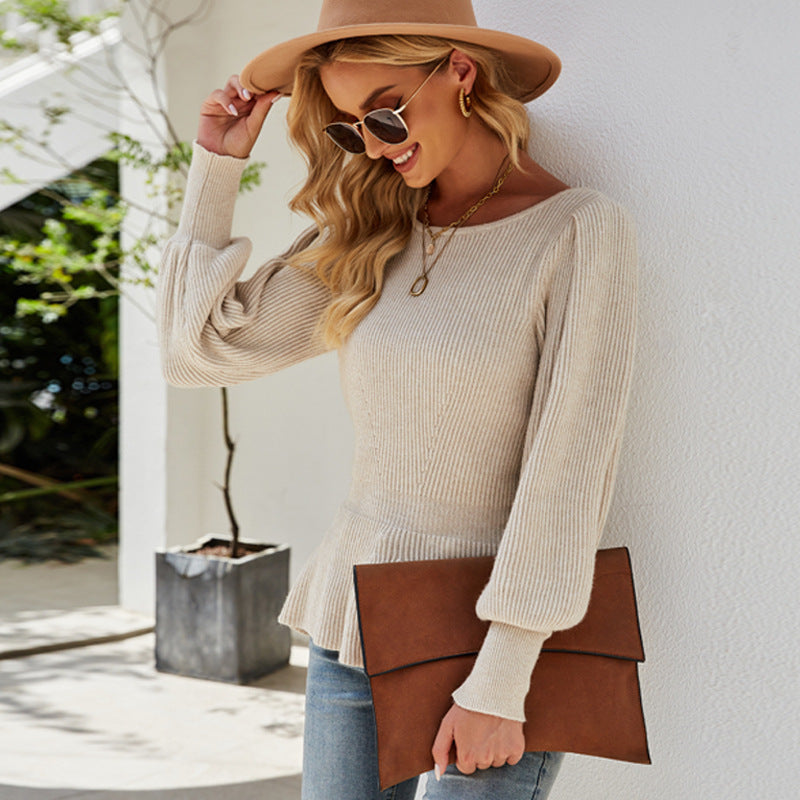 Women's Lantern Sleeve Knitted Solid Color Sweaters