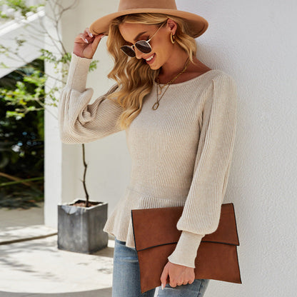 Women's Lantern Sleeve Knitted Solid Color Sweaters