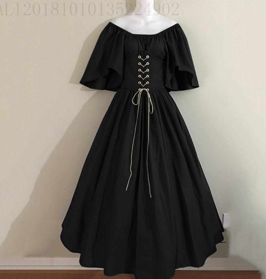 Women's Retro Color Contrast Patchwork Flying Sleeves Cinched Dresses