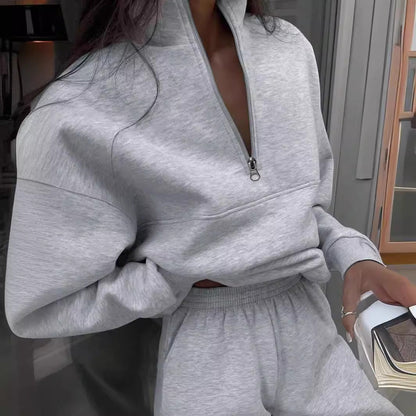 Fashion Zipper Lapel Solid Color Casual Suits