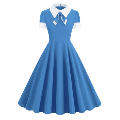 Collar Bow Contrast Color Sleeve Retro Dresses