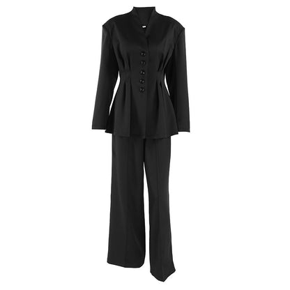 Women's Black High-grade Long-sleeved Pleated Waist Tight Suits