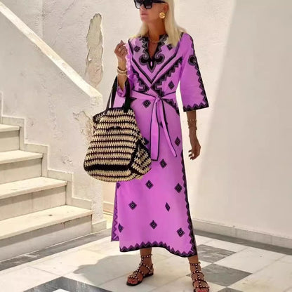 Women's Printed Belt Linen Bohemian Dress Dresses