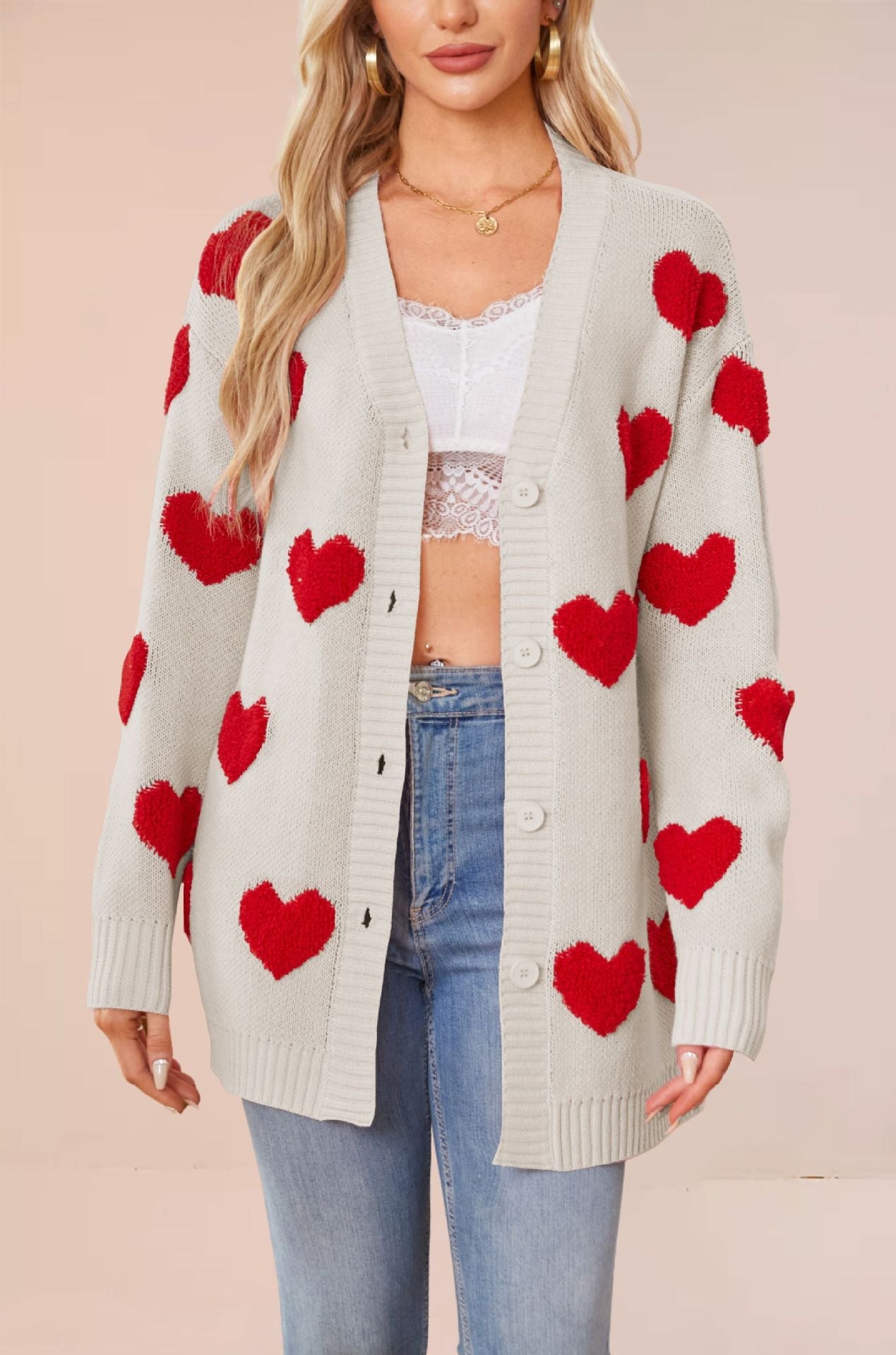 Women's Valentine's Day Heart Knitted Buttons Mid-length Sweaters
