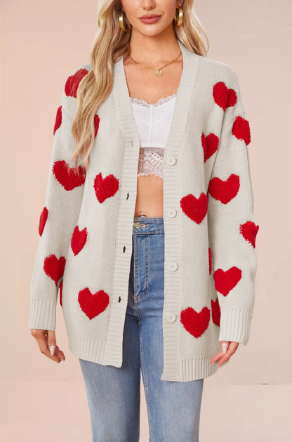 Women's Valentine's Day Heart Knitted Buttons Mid-length Sweaters