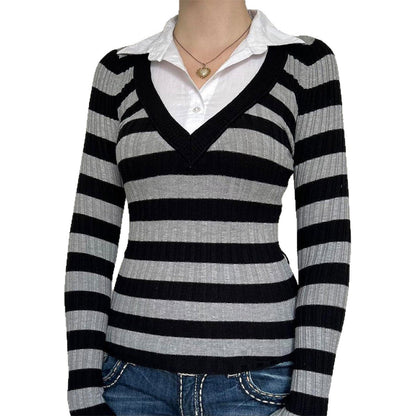 Women's Leisure Vacation Stitching Stripe Long Sleeves Blouses