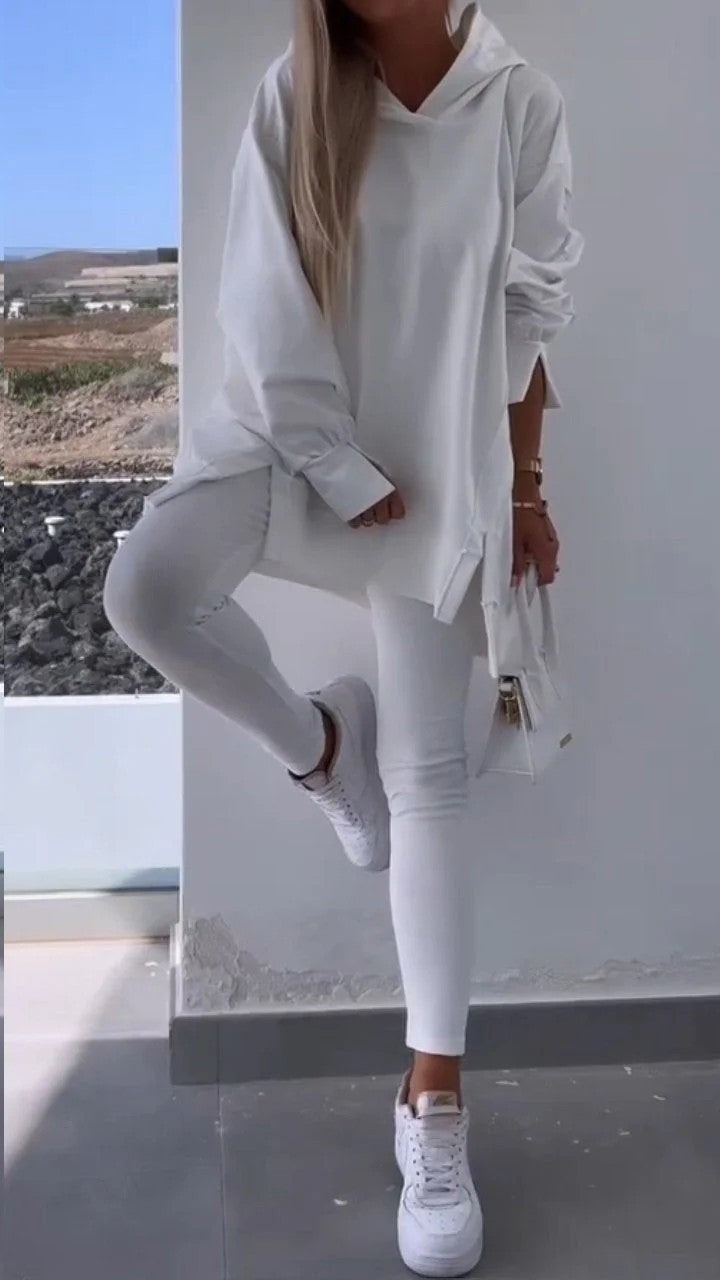 Women's Sports Casual Slit Hooded Tights Two-piece Suits