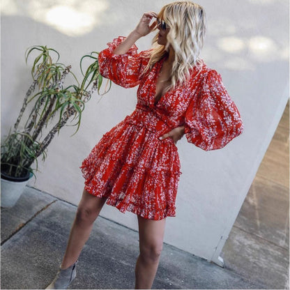 Printed Backless Long Sleeves Wooden Ear Dresses